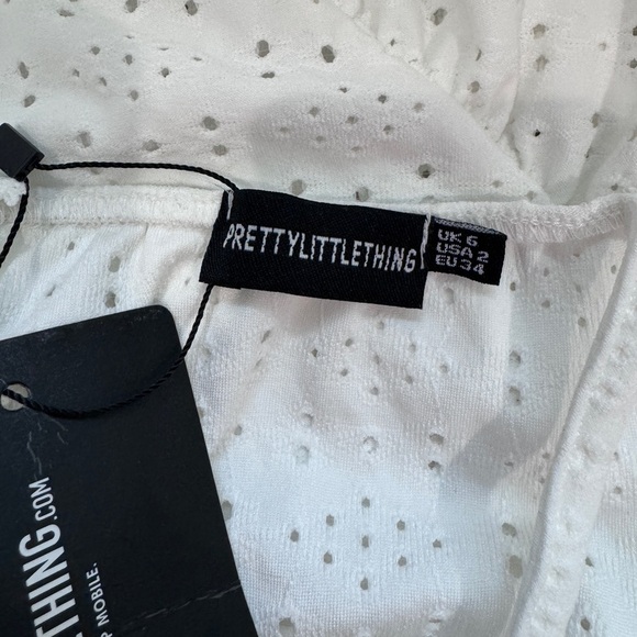 Pretty Little Things White Broderie Cowl Neck Frill Hem Bodycon Dress (sz 6) - Picture 10 of 12